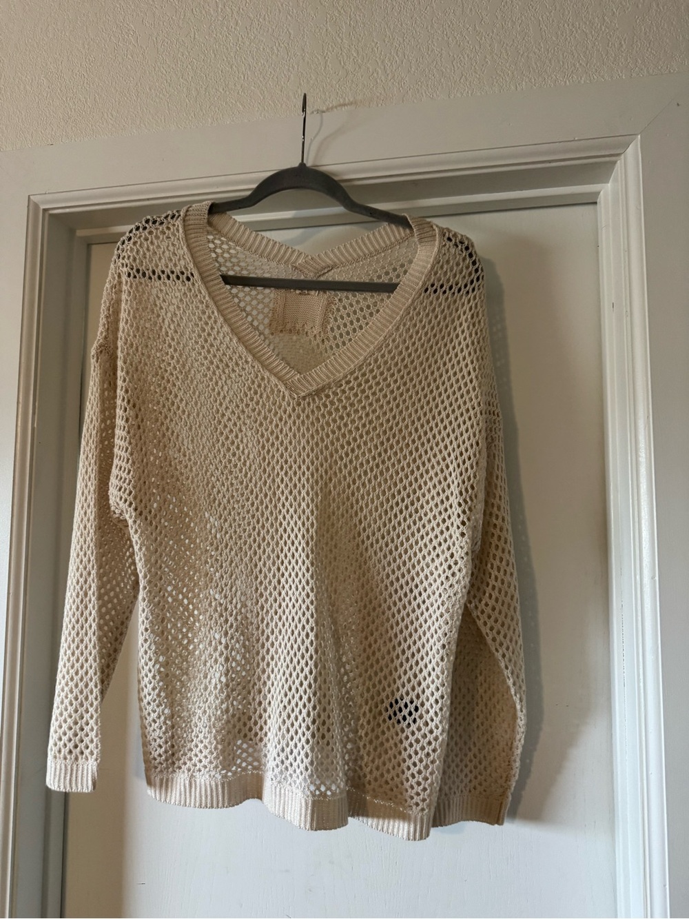 POL Beige Open-Weave V-Neck Sweater